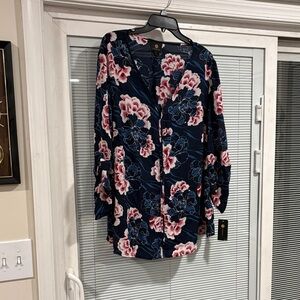 JM Collection Dark Blue and Pink Floral Blouse